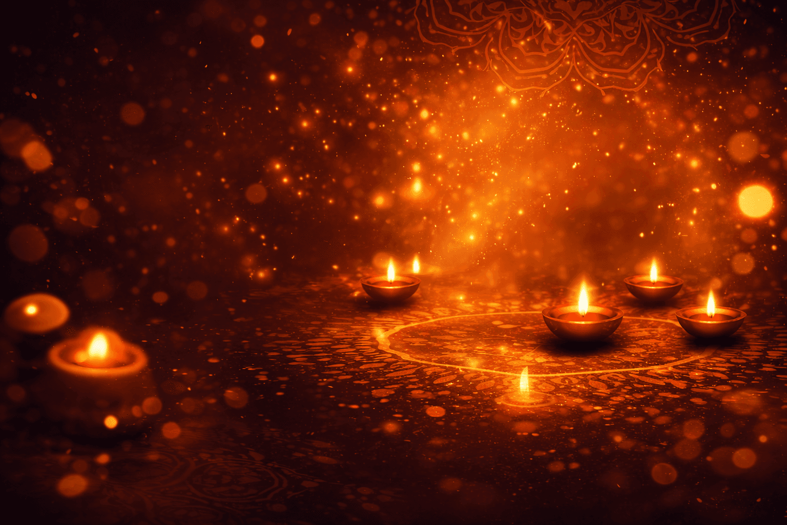 Diya festival night with rangoli patterns and warm amber bokeh