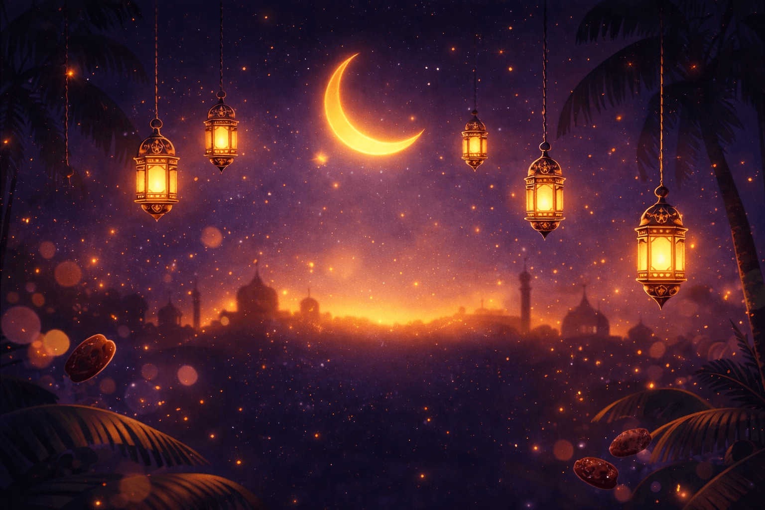 Ramadan night scene with lanterns and crescent moon