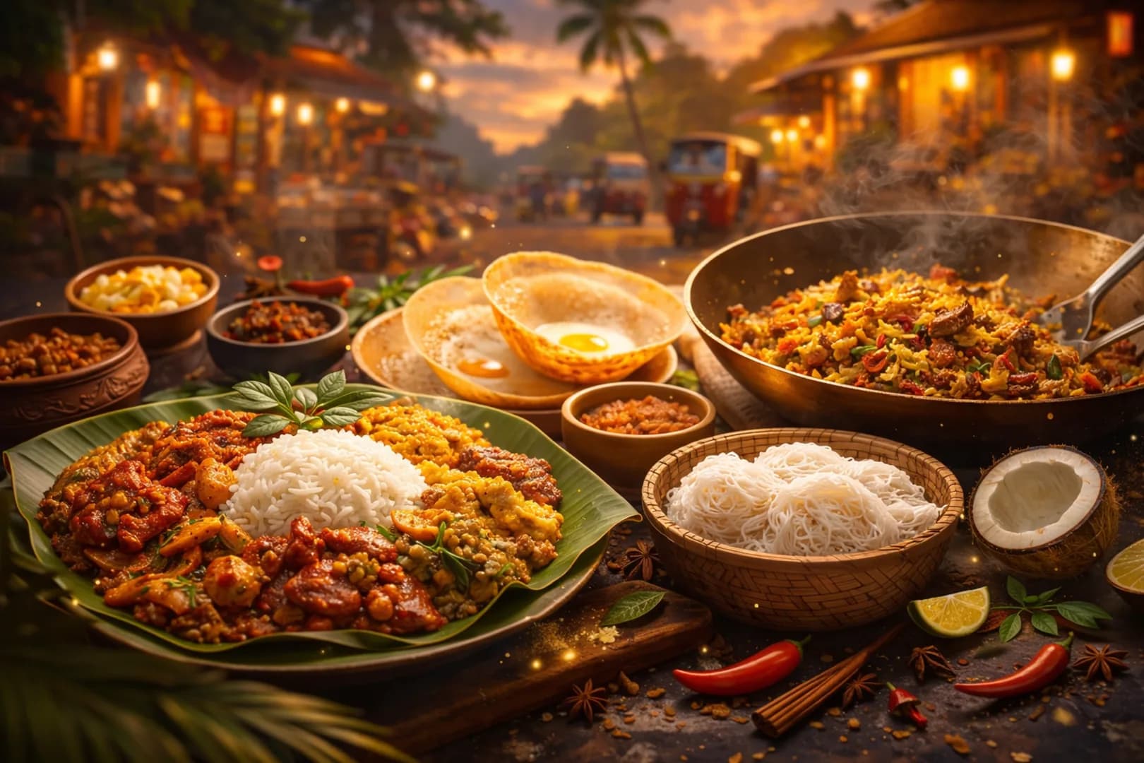 Sri Lankan street food at dusk — rice and curry on banana leaf, hoppers, and kottu